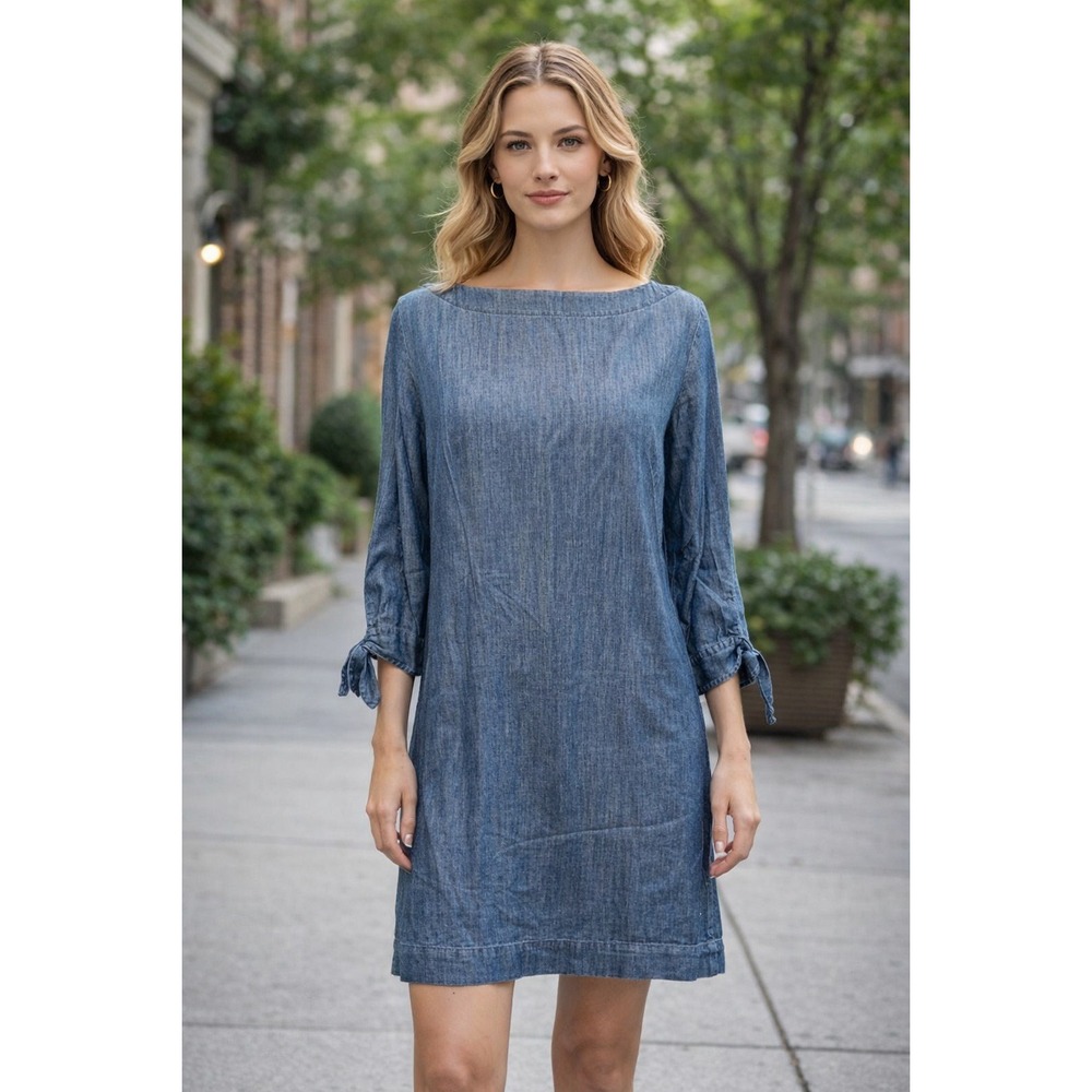 Talbots Denim Shift Dress Womens Size 6 3/4 Sleeve Tie Cuff Blue Denim Chambray